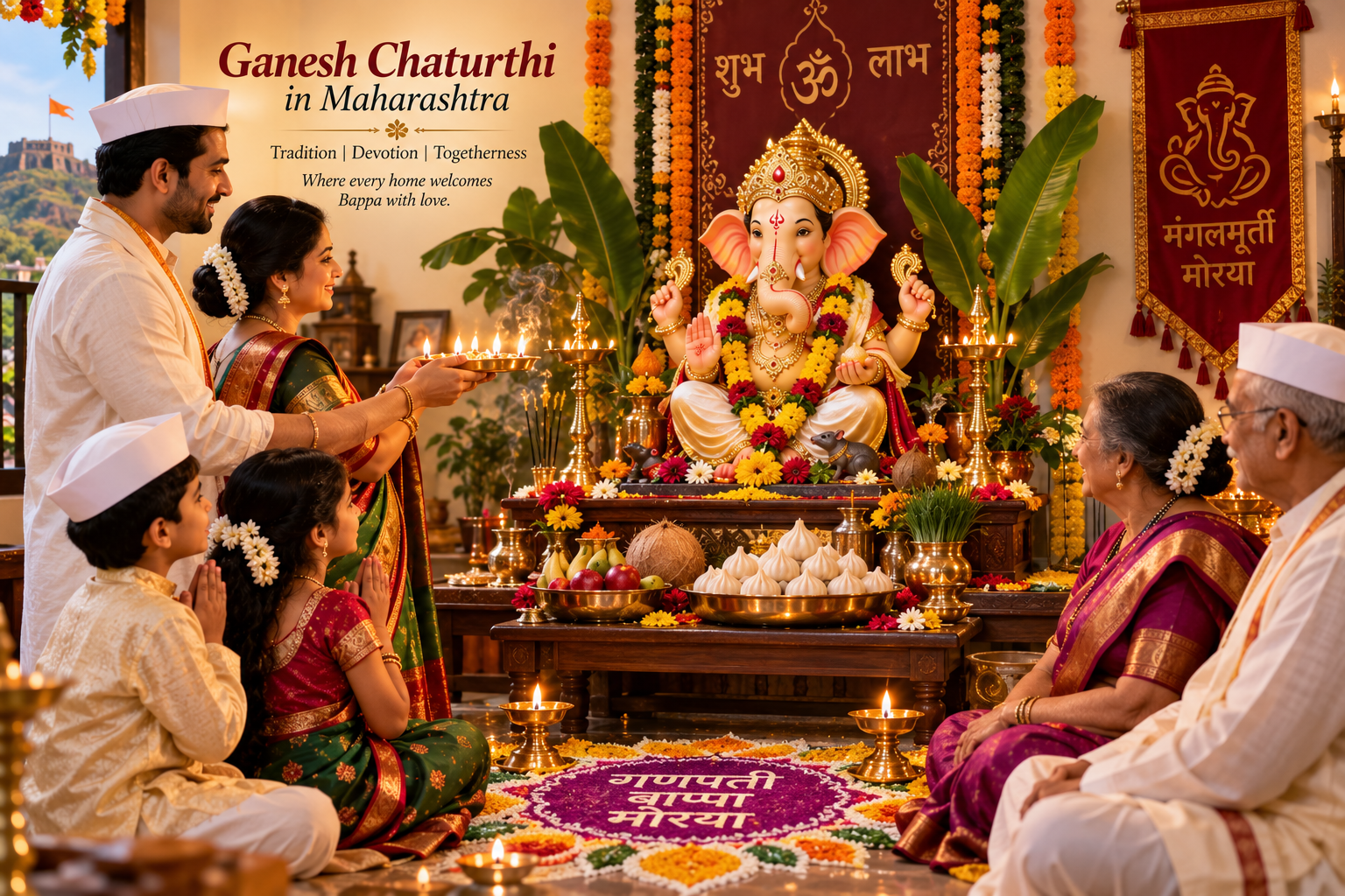 Family celebrating Ganesh Chaturthi at home in Maharashtra