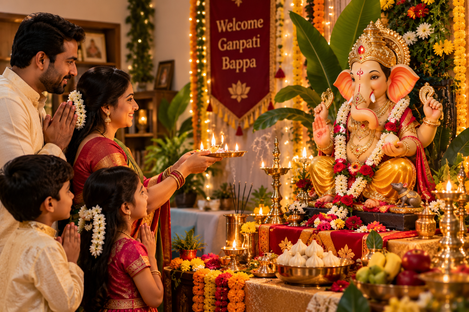 Family celebrating Ganesh Chaturthi at home