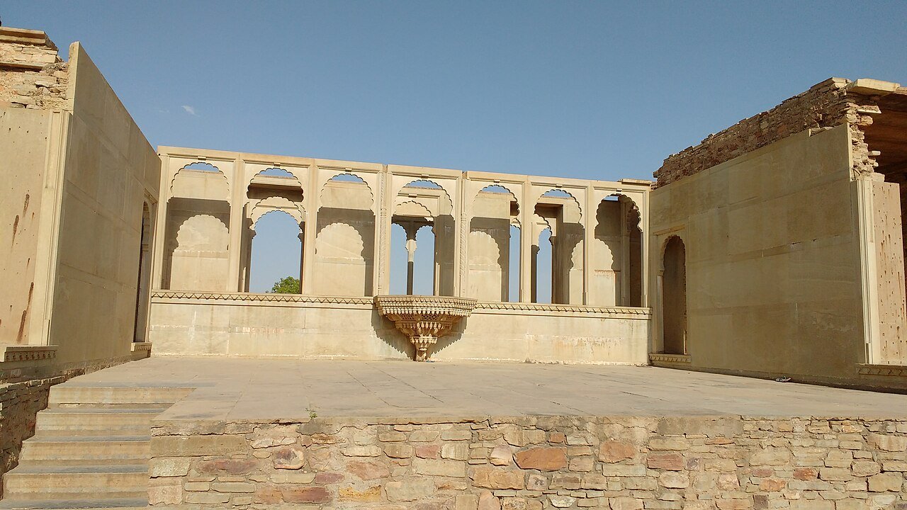 Columned ruined hall inside Chittorgarh Fort