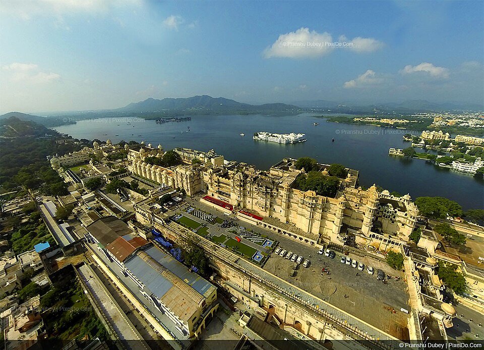 Aerial view of the City Palace and Lake Pichola