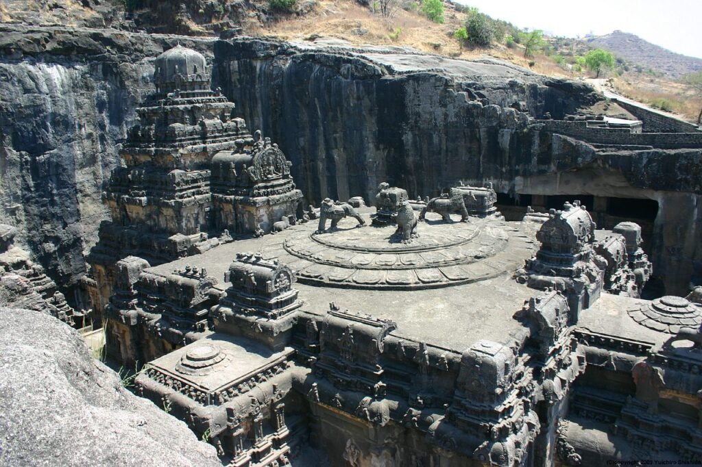 Ellora Cave 16, the Kailasa temple, a freestanding Shiva temple carved out of a single rock face