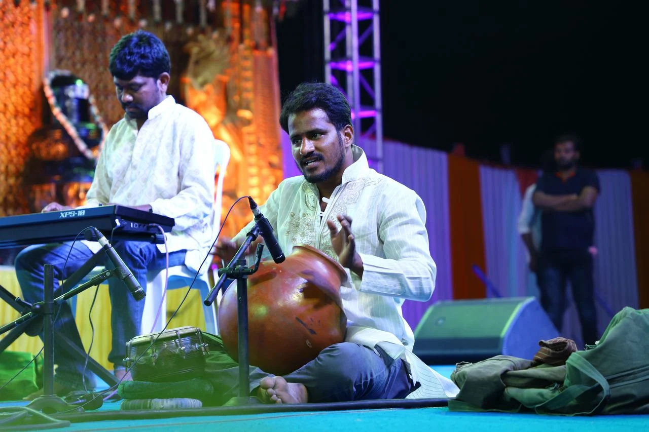 A ghatam, a clay pot percussion instrument, played in a performance in Vemulawada