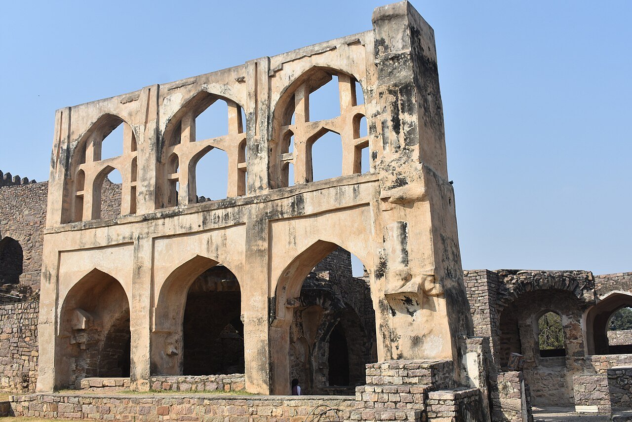 Three-storey arcaded ruin at Golconda Fort
