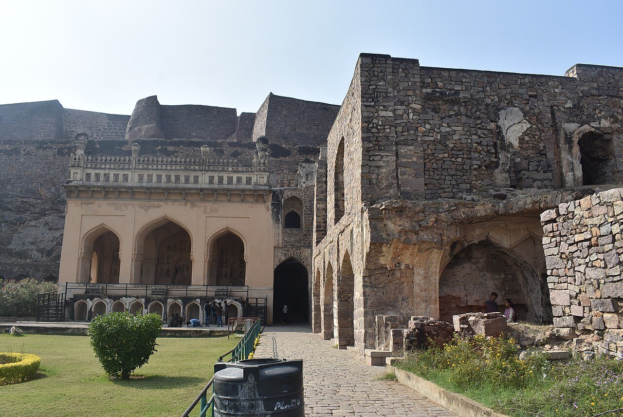Courtyard with arched buildings at Golconda Fort