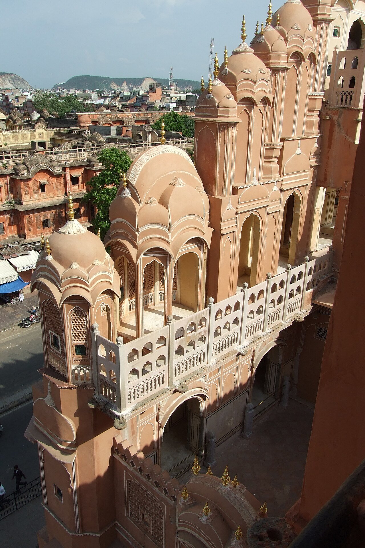 Upper-floor windows and pavilions of Hawa Mahal seen from inside