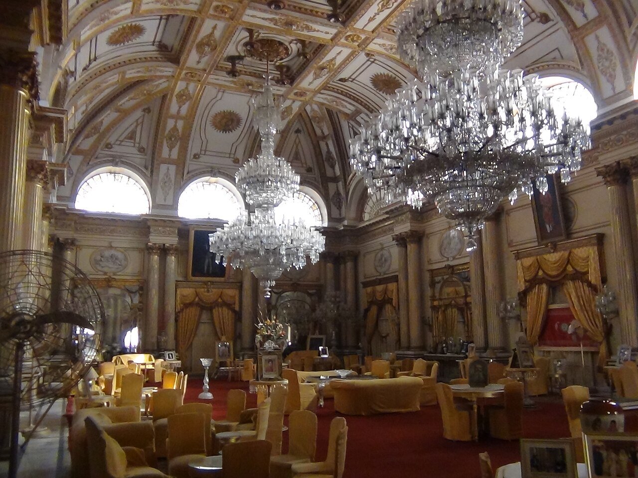 The Durbar Hall of Jai Vilas Palace with its chandeliers