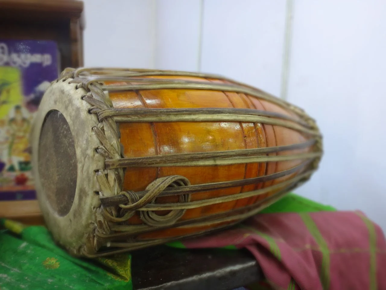 A mridangam, the double-headed barrel drum of South Indian classical music