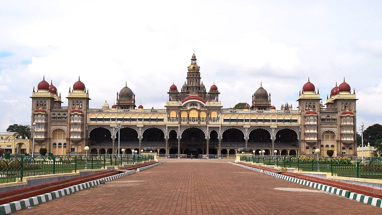 Mysore Palace seen from the front across its forecourt