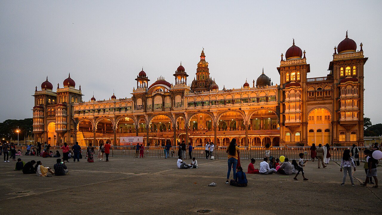 Mysore Palace glowing in evening light