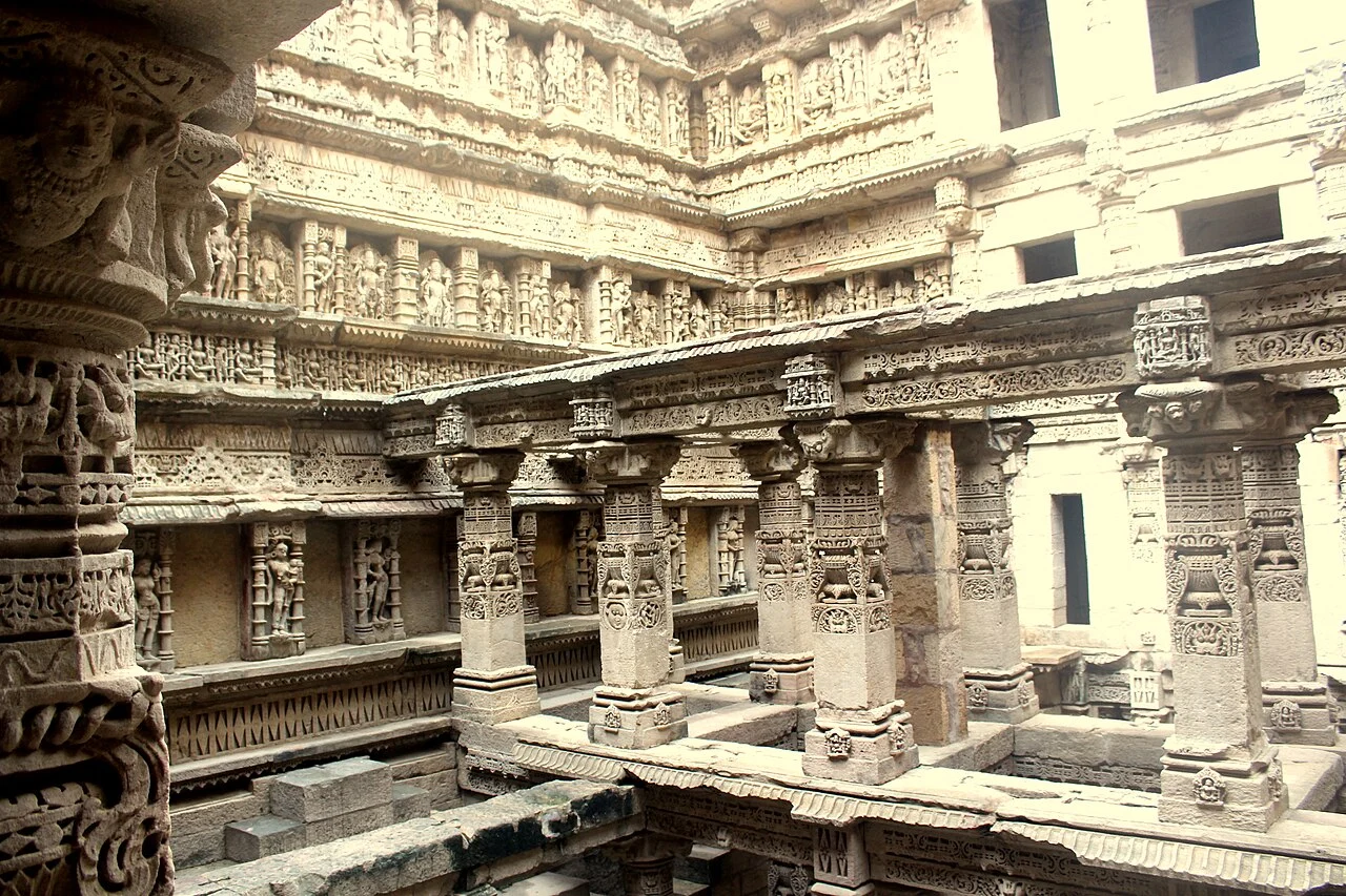 Carved pillars and tiered galleries inside Rani ki Vav in Patan, Gujarat, a UNESCO World Heritage Site