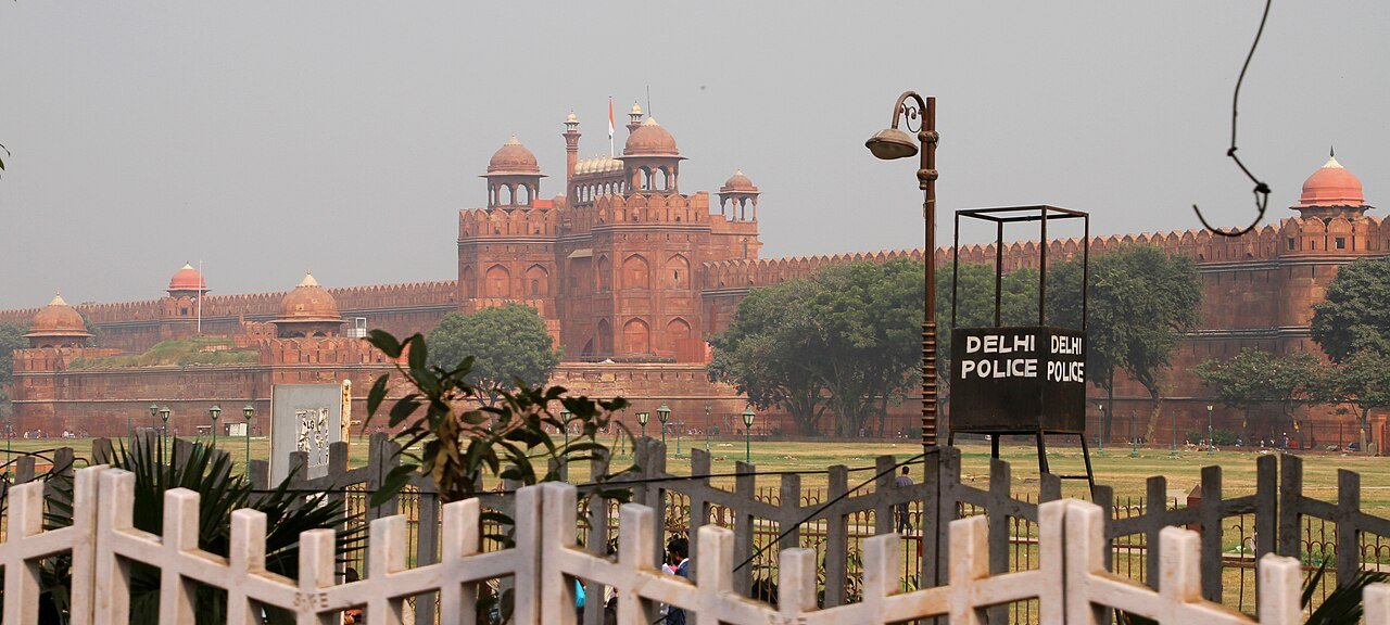 Red sandstone walls of the Red Fort in Delhi