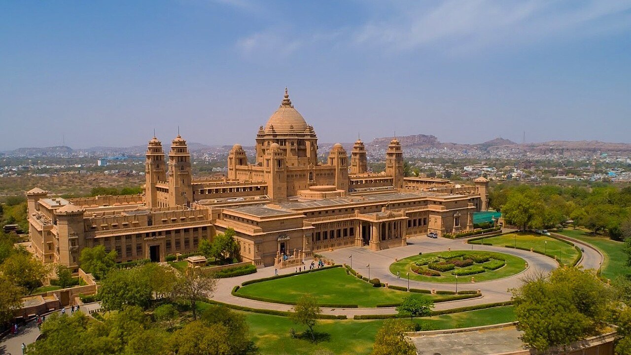 Aerial view of Umaid Bhawan Palace and its gardens